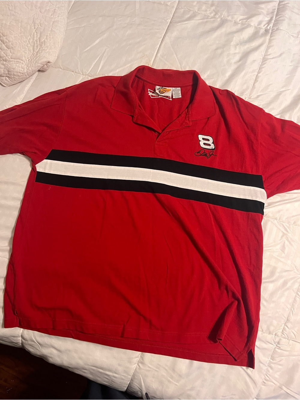 Winner circle Red Men's Polo Shirt with Black & White Stripes nascar Budweiser 